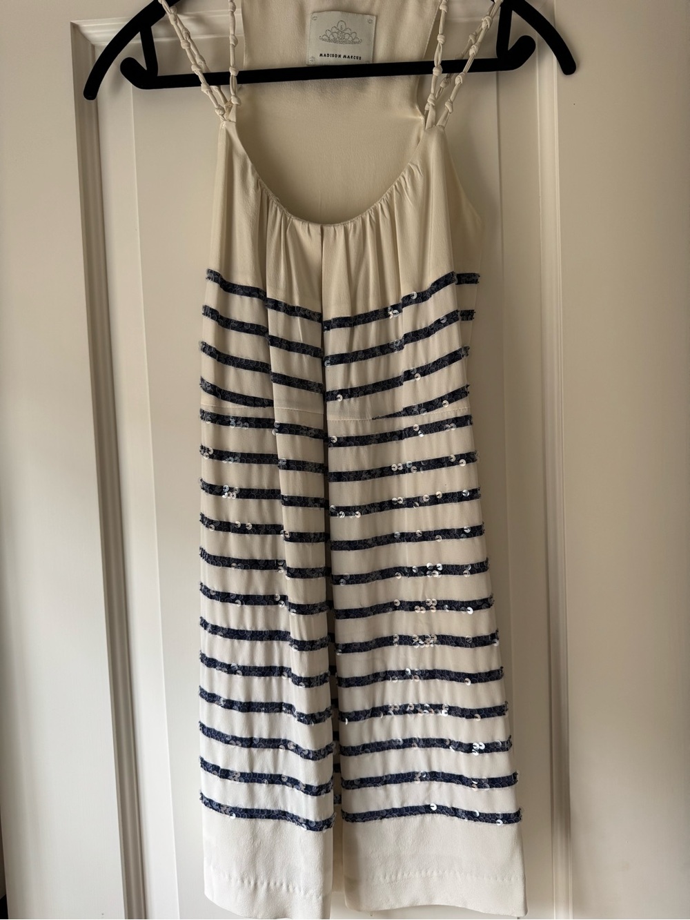 Madison Marcus Cream Mini Dress with Navy Sequin Stripes